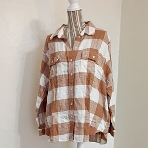 American Eagle Oversized Tan & White Plaid Flannel Button Front Top Size XL NWT